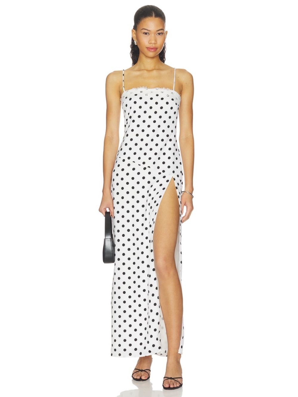 White Polka Dot Maxi Slip Dress with High Side Slit